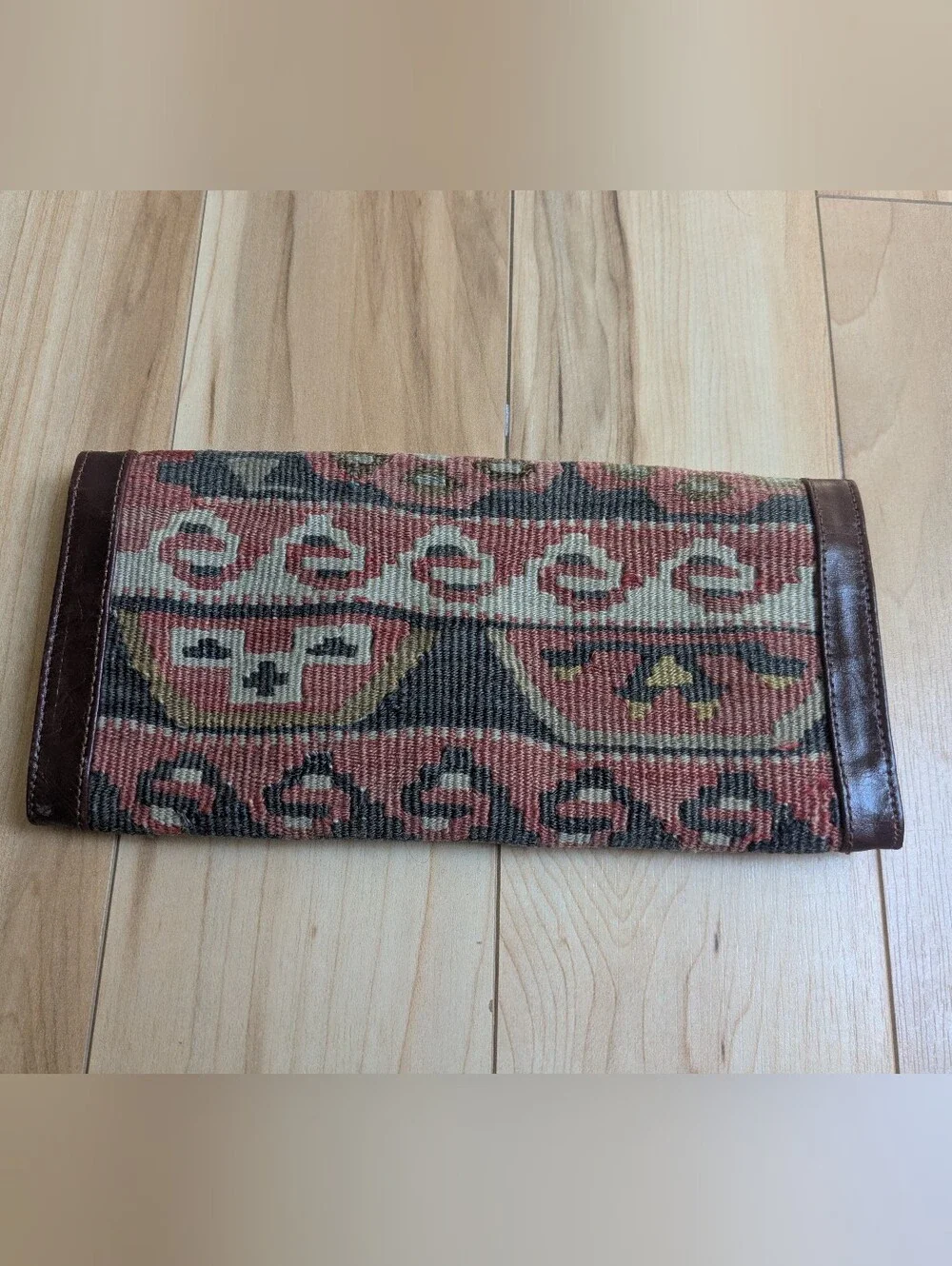 Turkish Wool Kilim Brown Leather Wallet Clutch Bag